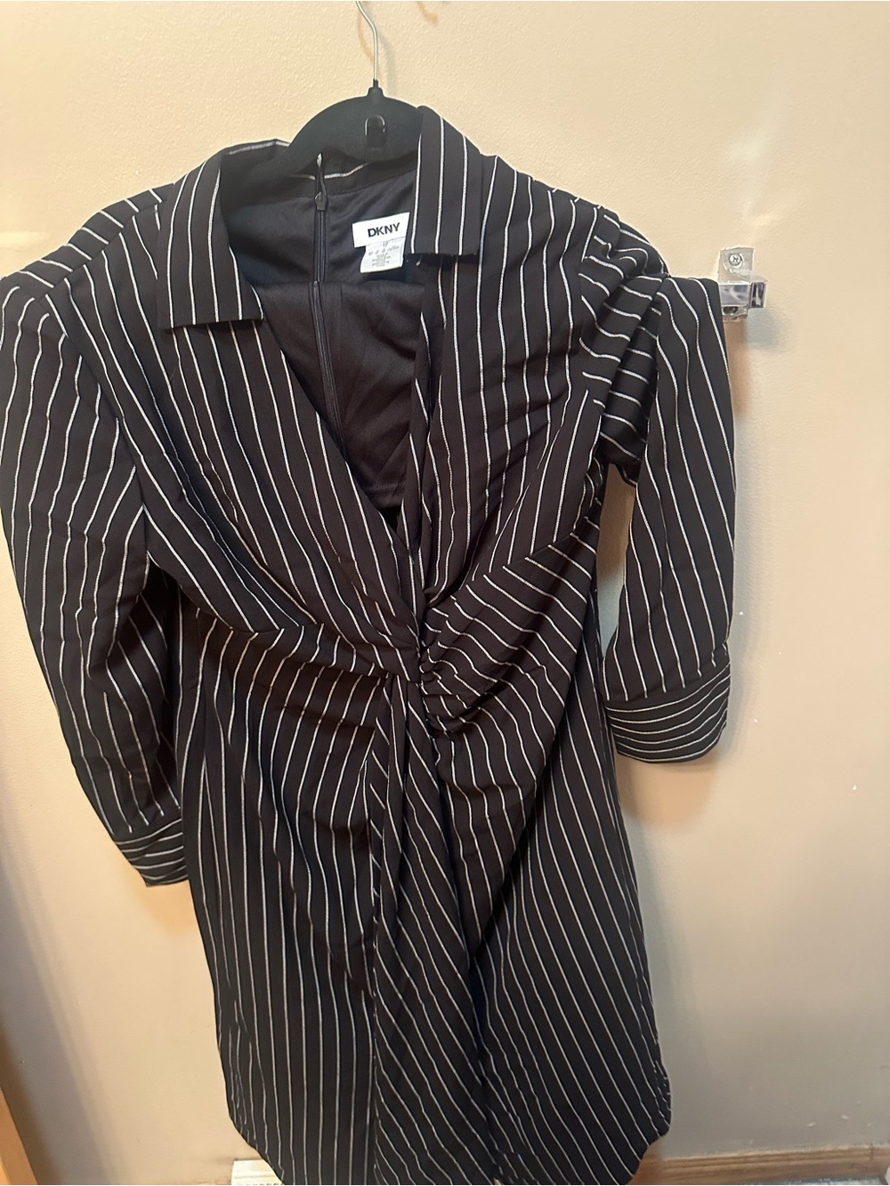 DKNY Black with White Pinstripe Twist-Front Tunic